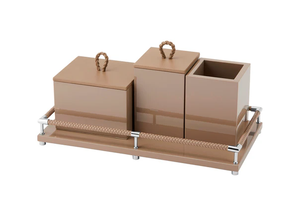 Thea Lacquered Wood Trinket Container Box with Leather Lid Square High