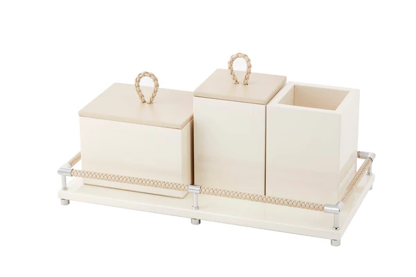 Thea Lacquered Wood Trinket Container Box with Leather Lid Rectangular Low